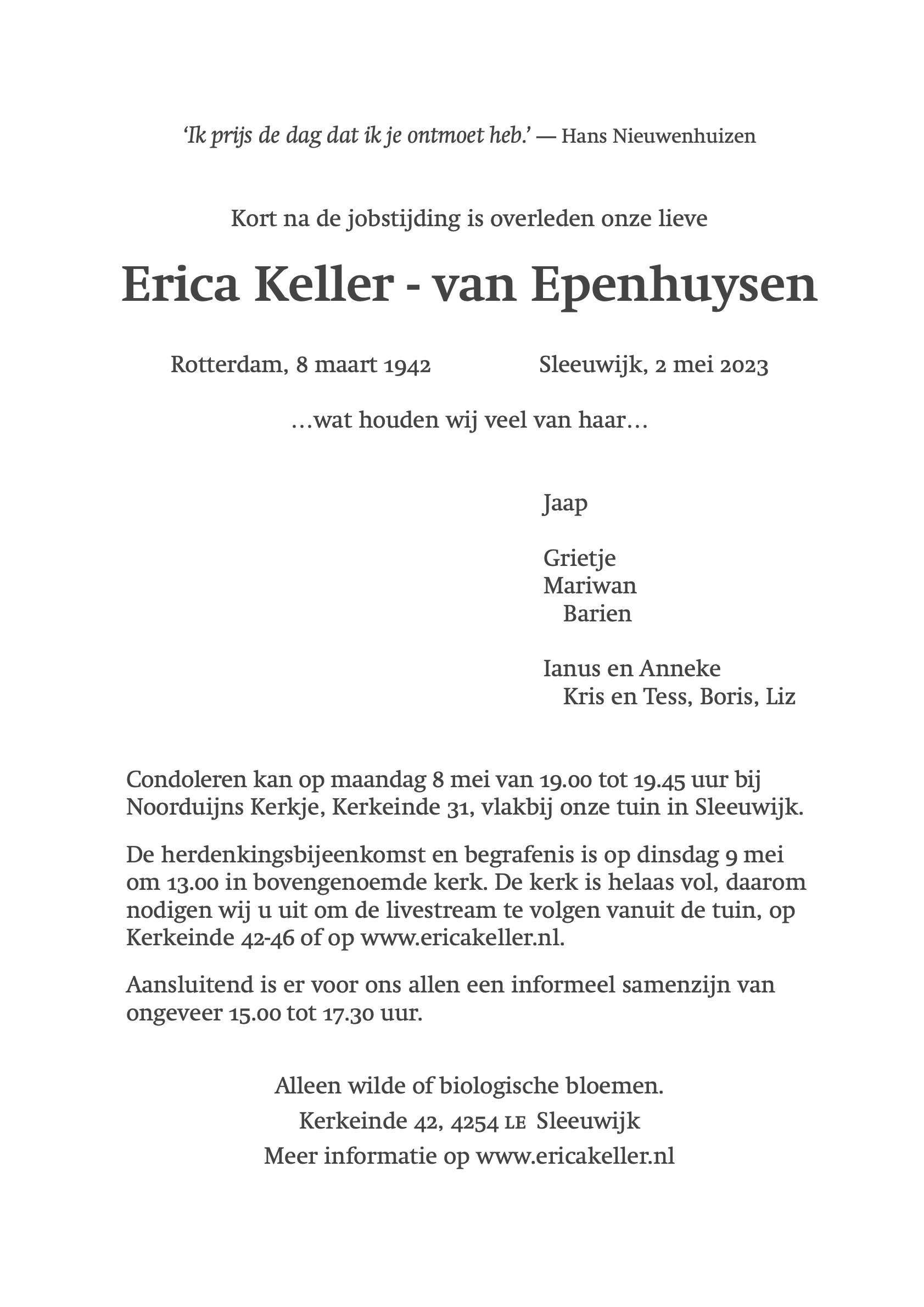 Rouwkaart Erica Keller Van Epenhuysen Maart Mei